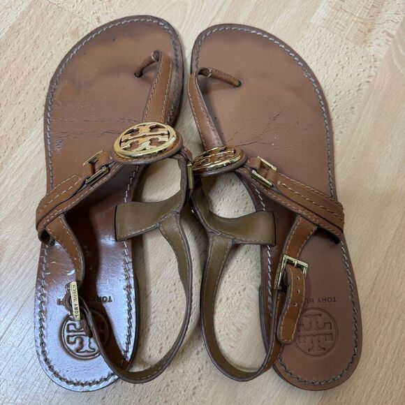 TORY BURCH Ali Thong Sandals Women's 9.5 Brown Leather Slingback Strap - Picture 3 of 9